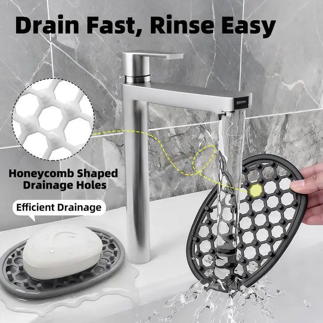 Alt view image 5 of 7 - Aenfaiy 2 Pack Soap Dish for Shower, Non-Slip Silicone Bar Soap Holder with Efficient Drainage Holes for Bathroom Sink, Self Draining Soaps Saver Pad for Shower Niche, Shelf (Translucent- 2Pcs)