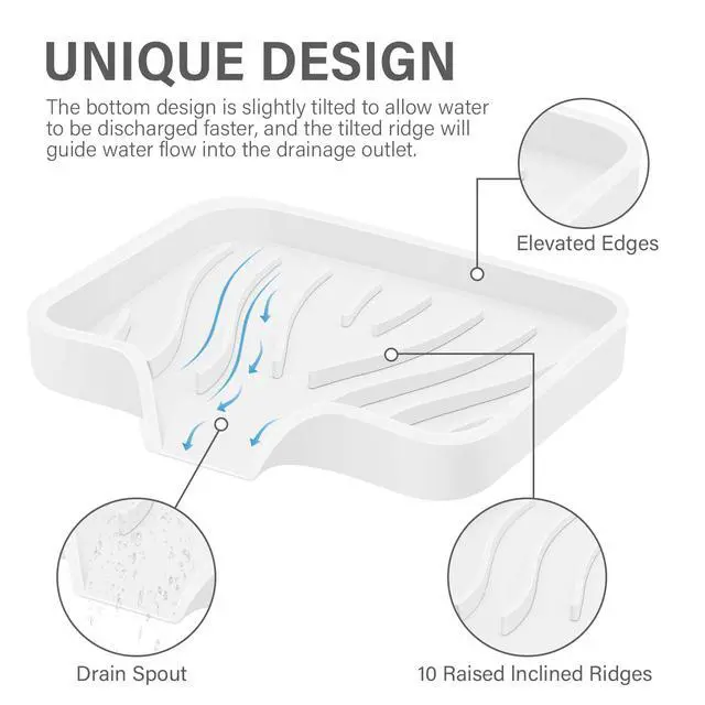 Alt view image 2 of 7 - Silicone Soap Dish with Drain, SAISN Kitchen Soap Tray for Shower 2 Pack Self Draining Soap Dish Soft Bathroom Soap Holder for Kitchen Sink Flexible Portable Soap Saver, White