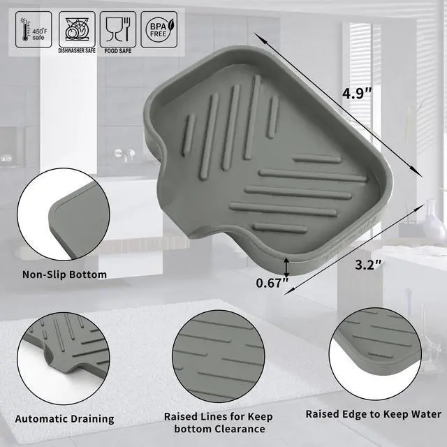 Alt view image 2 of 7 - MicoYang Silicone Soap Dish with Drain Spout, Self-Draining Sink Organizer Tray for Bathroom and Kitchen, Sponges, Dispensers and Soap Holder, Non-Slip and Dishwasher Safe, Grey (Compact, 4.9"×3.2")