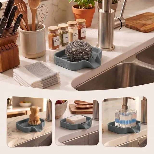 Alt view image 3 of 7 - MicoYang Silicone Soap Dish with Drain Spout, Self-Draining Sink Organizer Tray for Bathroom and Kitchen, Sponges, Dispensers and Soap Holder, Non-Slip and Dishwasher Safe, Grey (Compact, 4.9"×3.2")