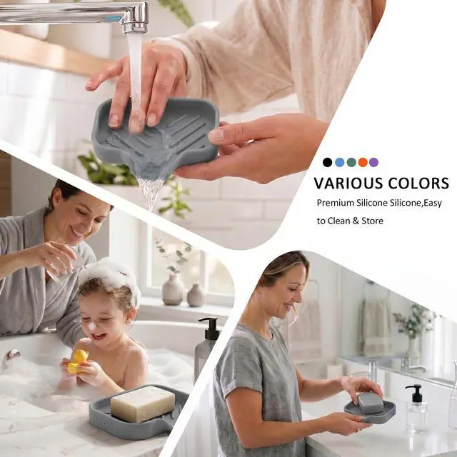 Alt view image 4 of 7 - MicoYang Silicone Soap Dish with Drain Spout, Self-Draining Sink Organizer Tray for Bathroom and Kitchen, Sponges, Dispensers and Soap Holder, Non-Slip and Dishwasher Safe, Grey (Compact, 4.9"×3.2")