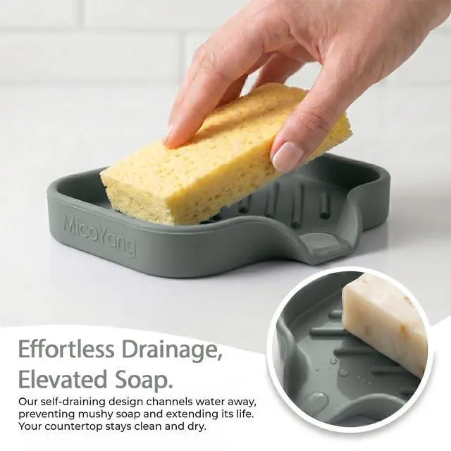 Alt view image 7 of 7 - MicoYang Silicone Soap Dish with Drain Spout, Self-Draining Sink Organizer Tray for Bathroom and Kitchen, Sponges, Dispensers and Soap Holder, Non-Slip and Dishwasher Safe, Grey (Compact, 4.9"×3.2")