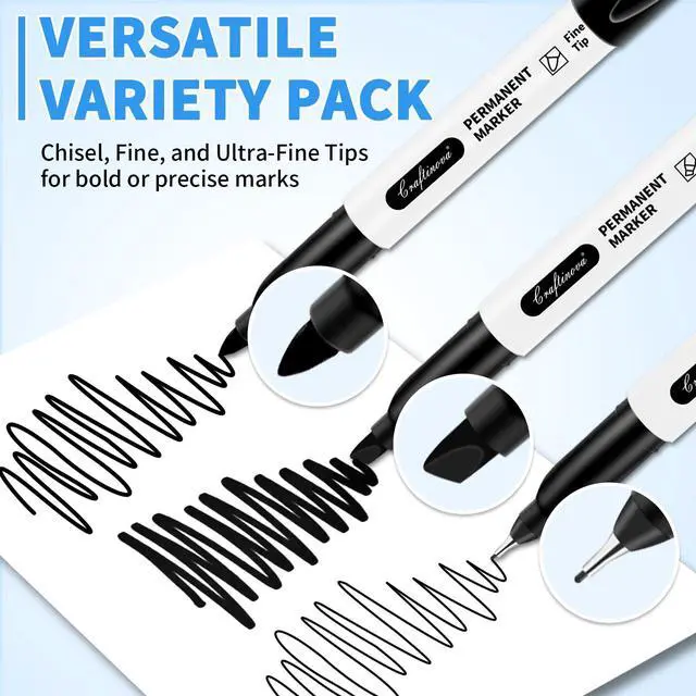 Alt view image 3 of 7 - craftinova Permanent Markers 18 Set, 6 Fine Tip, 6 Ultra Fine, 6 Chisel Tip Black Markers Work on Metal Wood Glass, Waterproof, Quick Drying, Fade Resistant, Perfect for School Office