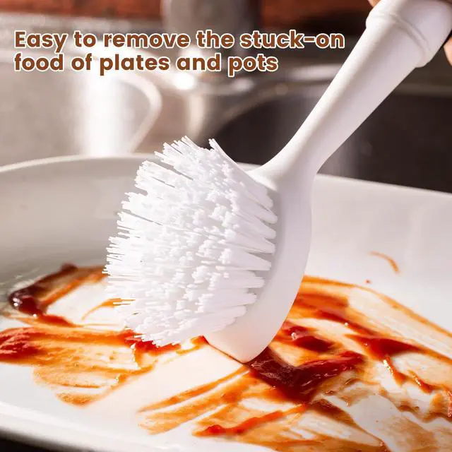 Alt view image 3 of 7 - Dish Brush with Handle, Dish Scrub Brush with Built-in Scraper, Nylon Dish Scrubber, Kitchen Brushes for Dishes,Pots, Pans and Sinks 2 Pack