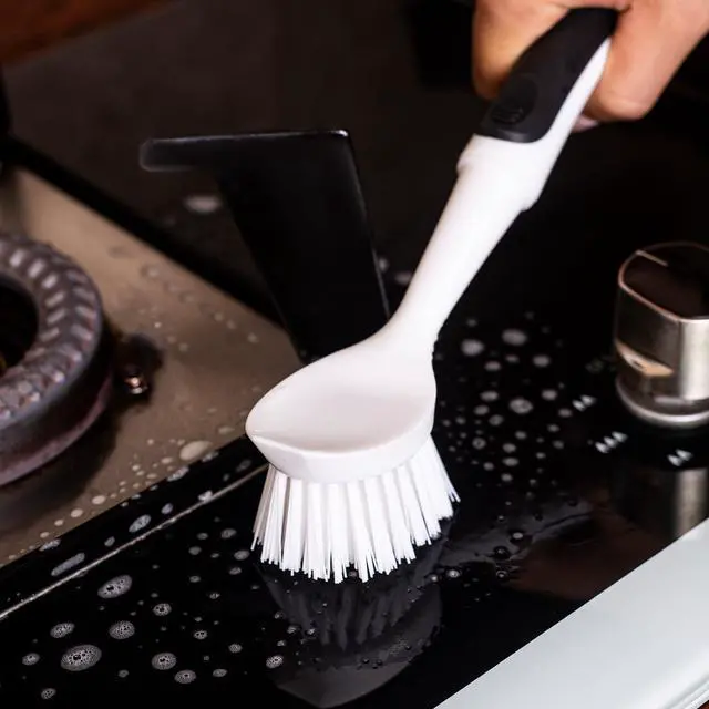 Alt view image 5 of 7 - Dish Brush with Handle, Dish Scrub Brush with Built-in Scraper, Nylon Dish Scrubber, Kitchen Brushes for Dishes,Pots, Pans and Sinks 2 Pack