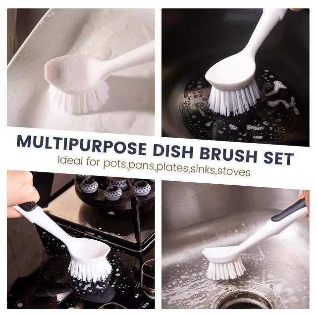Alt view image 6 of 7 - Dish Brush with Handle, Dish Scrub Brush with Built-in Scraper, Nylon Dish Scrubber, Kitchen Brushes for Dishes,Pots, Pans and Sinks 2 Pack