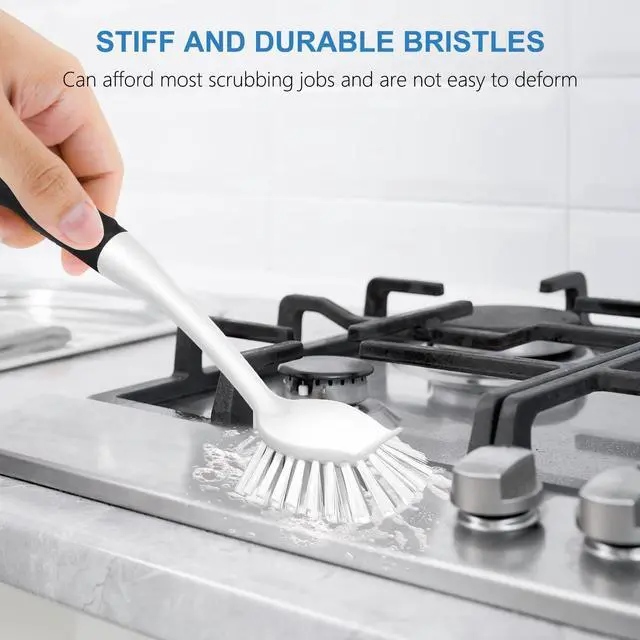 Alt view image 4 of 7 - SetSail Dish Brush with Handle, 2 Pack Stiff Bristles Dish Scrubber with Built-in Scraper Dish Scrub Brushes for Cleaning Dishes, Pots and Pans, Kitchen Sink, White
