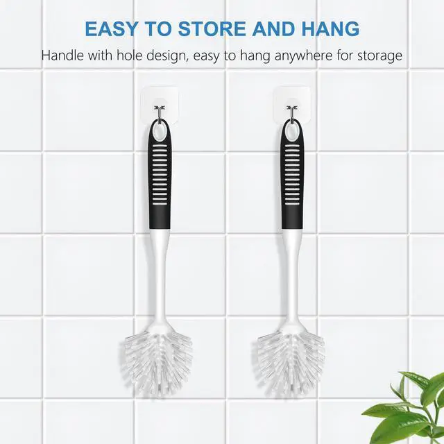 Alt view image 3 of 7 - SetSail Dish Brush with Handle, 2 Pack Stiff Bristles Dish Scrubber with Built-in Scraper Dish Scrub Brushes for Cleaning Dishes, Pots and Pans, Kitchen Sink, White