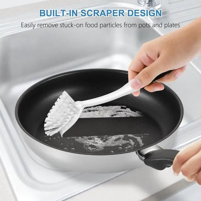 Alt view image 5 of 7 - SetSail Dish Brush with Handle, 2 Pack Stiff Bristles Dish Scrubber with Built-in Scraper Dish Scrub Brushes for Cleaning Dishes, Pots and Pans, Kitchen Sink, White