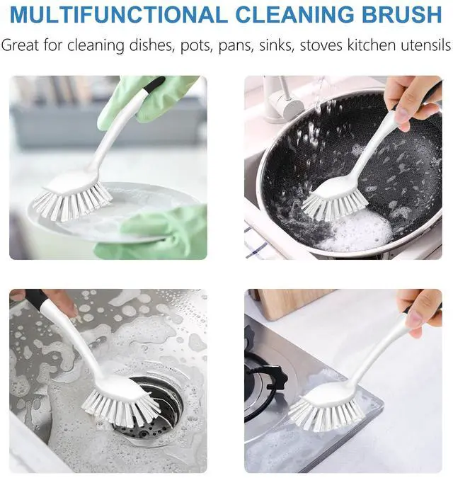 Alt view image 6 of 7 - SetSail Dish Brush with Handle, 2 Pack Stiff Bristles Dish Scrubber with Built-in Scraper Dish Scrub Brushes for Cleaning Dishes, Pots and Pans, Kitchen Sink, White