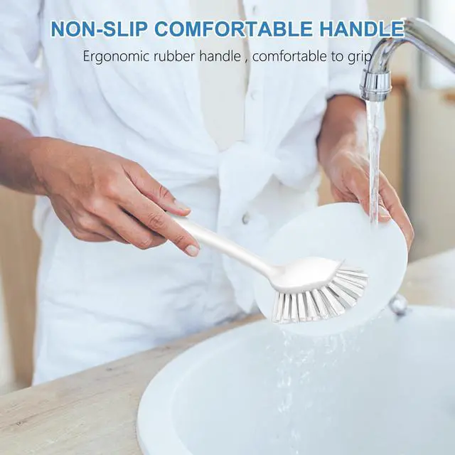 Alt view image 7 of 7 - SetSail Dish Brush with Handle, 2 Pack Stiff Bristles Dish Scrubber with Built-in Scraper Dish Scrub Brushes for Cleaning Dishes, Pots and Pans, Kitchen Sink, White