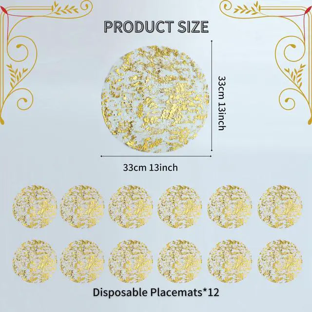 Alt view image 5 of 7 - Snowkingdom Disposable Gold Placemats Set of 12 Metallic Round 13 Inch Foil Mesh Pressed Fall Table Mates 12 Pack Gold Doilies for Dining Table Wedding Birthday Party Holiday Home Decoration