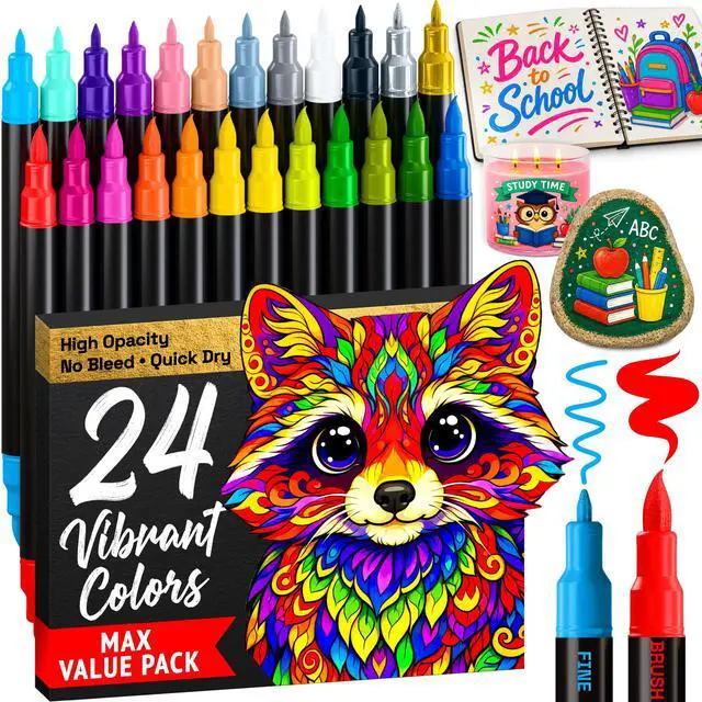 Main image of ARTISTRO 24 Acrylic Paint Markers - Paint Pens for Drawing - For Fabric, Rock, Glass, Wood, Molds - Arts & Crafts Gift for Adults, Teens, Kids, Classroom Must Haves & School Supplies
