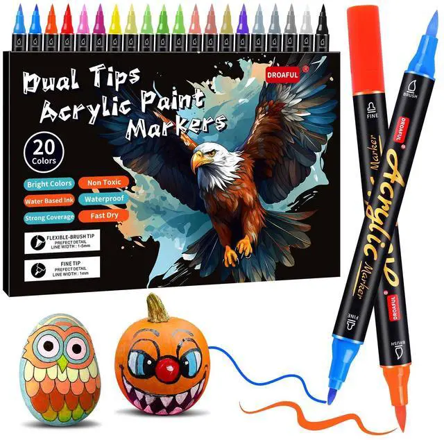 Main image of Acrylic Paint Pens Markers, 20 Colors Dual Tips Waterproof Paint Markers For Rock Painting, Fabric, Metal, Glass, Wood, Canvas, Ceramic, Plastic, Non-Toxic & Odor, Premium Art And DIY Craft Supplies