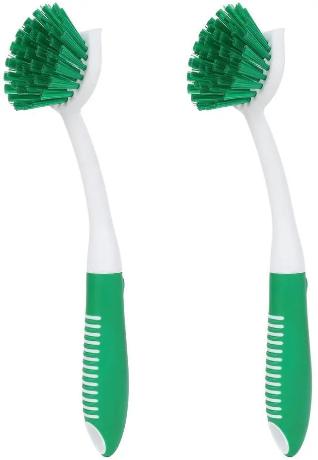 Main image of Dish Brush with Handle, 2 Pack Scrub Brushes with Built-in Scraper for Cleaning Kitchen, Pots, Pans and Sink, Scrubber Washing Tools, Green