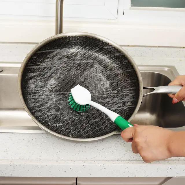 Alt view image 2 of 7 - Dish Brush with Handle, 2 Pack Scrub Brushes with Built-in Scraper for Cleaning Kitchen, Pots, Pans and Sink, Scrubber Washing Tools, Green