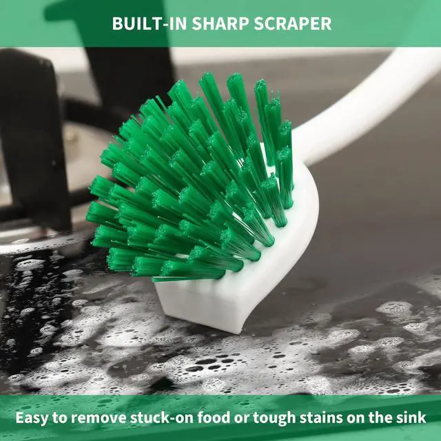 Alt view image 3 of 7 - Dish Brush with Handle, 2 Pack Scrub Brushes with Built-in Scraper for Cleaning Kitchen, Pots, Pans and Sink, Scrubber Washing Tools, Green