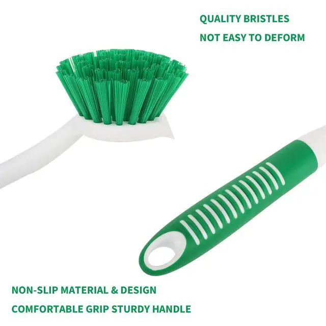 Alt view image 4 of 7 - Dish Brush with Handle, 2 Pack Scrub Brushes with Built-in Scraper for Cleaning Kitchen, Pots, Pans and Sink, Scrubber Washing Tools, Green