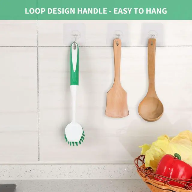 Alt view image 6 of 7 - Dish Brush with Handle, 2 Pack Scrub Brushes with Built-in Scraper for Cleaning Kitchen, Pots, Pans and Sink, Scrubber Washing Tools, Green