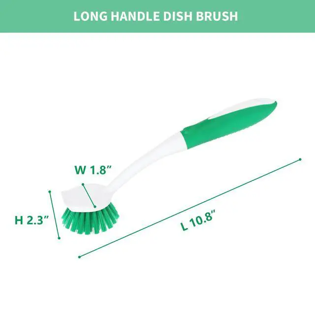 Alt view image 7 of 7 - Dish Brush with Handle, 2 Pack Scrub Brushes with Built-in Scraper for Cleaning Kitchen, Pots, Pans and Sink, Scrubber Washing Tools, Green