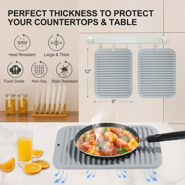 Alt view image 2 of 7 - Yunlihua 9"x12" Large Heat Resistant Silicone Trivets for Hot Pots and Pans, Hot Dishes, 2 PCS Multipurpose Non Slip Pot Holders Hot Pads for Kitchen Countertop Table, Food Grade & BPA Free, Grey