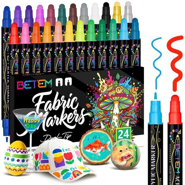 Main image of Betem 24 Colors Dual Tip Acrylic Paint Markers, Fabric Decorating Kits Premium Water-Based Acrylic Paint Pens Art Supplies for Fabric, Rock, Wood, Glass, Canvas, Ceramic, Teacher Appreciation Gift