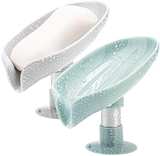 Main image of LBshmao-D 2 Pack Soap Holder Leaf-Shape Self Draining Soap Dish Holder, Not Punched Easy Clean Bar Soap Holder, with Suction Cup Soap Dish Suitable for Shower, Bathroom, Kitchen Sink (Grey + Green)