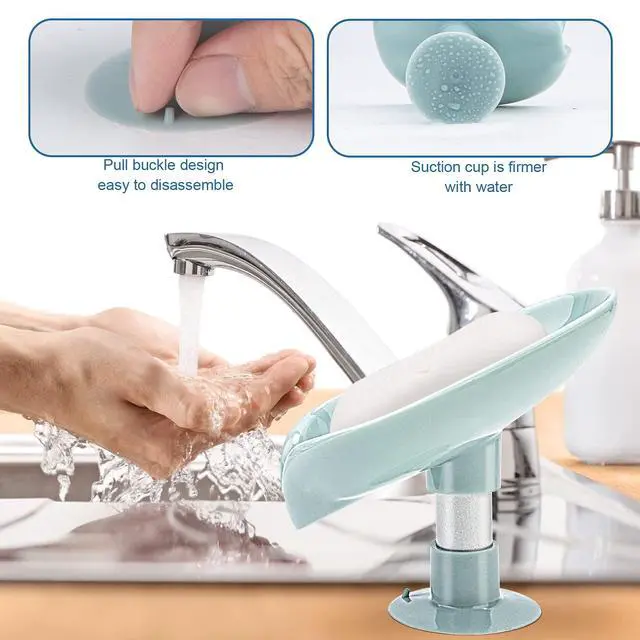 Alt view image 7 of 7 - LBshmao-D 2 Pack Soap Holder Leaf-Shape Self Draining Soap Dish Holder, Not Punched Easy Clean Bar Soap Holder, with Suction Cup Soap Dish Suitable for Shower, Bathroom, Kitchen Sink (Grey + Green)