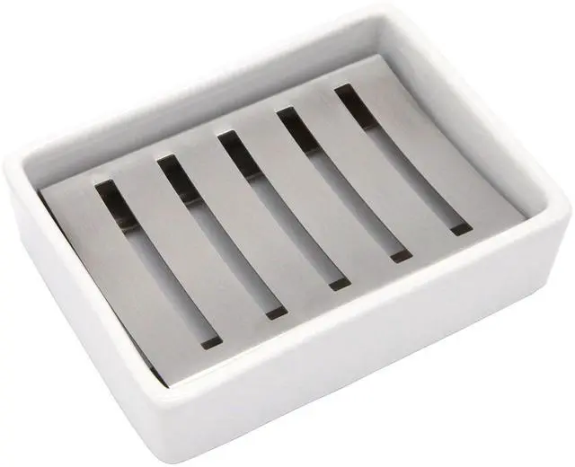 Main image of Ceramic Soap Dish Stainless Steel Soap Holder for Bathroom and Shower Double Layer Draining Soap Box