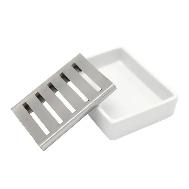 Alt view image 4 of 6 - Ceramic Soap Dish Stainless Steel Soap Holder for Bathroom and Shower Double Layer Draining Soap Box