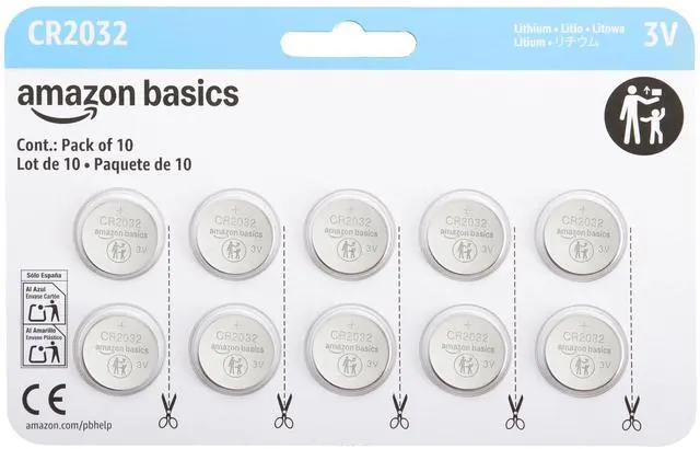 Main image of Amazon Basics CR2032 3V Lithium Coin Cell Batteries for Key Fob, Watch, Remote, Child-Proof Package, Non-Coated, AirTag Compatible, 10-Pack