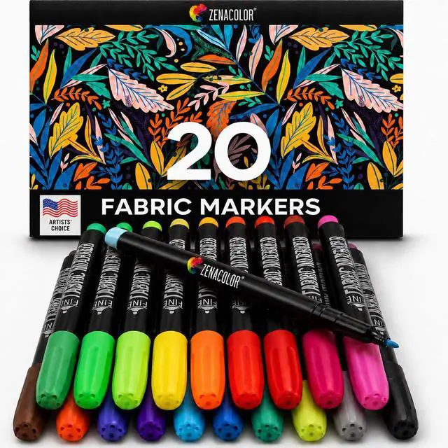 Main image of Zenacolor 20 Fabric Markers Pens Set - Indelible and Permanent Fabric Paint Fine Point Textile Marker Pen