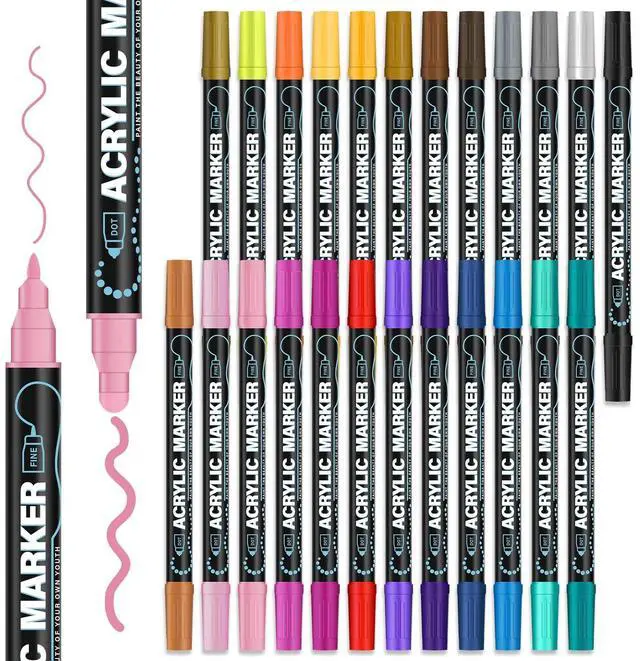 Main image of REALZEVA Acrylic Paint Markers, 24 Colors Dual Tip Acrylic Paint Pens for Rock Painting, Fabric, Wood, Canvas, Stone, Glass, Scrapbook, DIY Crafts & Art Supplies - Card Making Supplies.