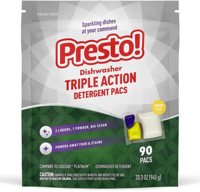 Main image of Amazon Brand - Presto! Triple Action Dishwasher Pacs, Lemon Scent, 90 Count