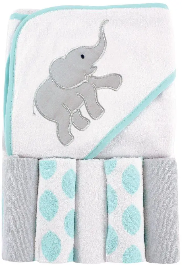 Main image of Luvable Friends Unisex Baby Hooded Towel with Five Washcloths, Cotton,Polyester,Ikat Elephant, One Size