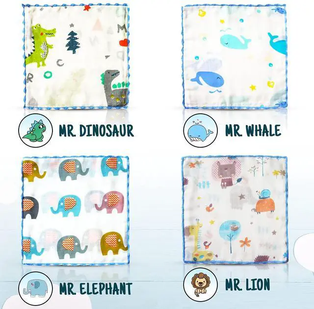 Alt view image 2 of 7 - Omilion Muslin Baby Washcloths Set(12-Pack), Natural Cotton Infant Bath Towel, Soft Toddler Face Towel Gift Registry Newborn Baby Shower,9x9 Inches, Animal World (Square)