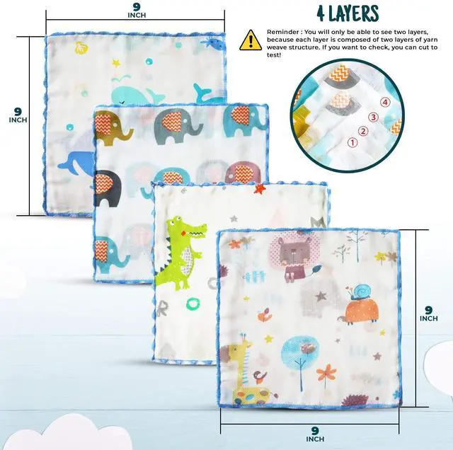 Alt view image 6 of 7 - Omilion Muslin Baby Washcloths Set(12-Pack), Natural Cotton Infant Bath Towel, Soft Toddler Face Towel Gift Registry Newborn Baby Shower,9x9 Inches, Animal World (Square)