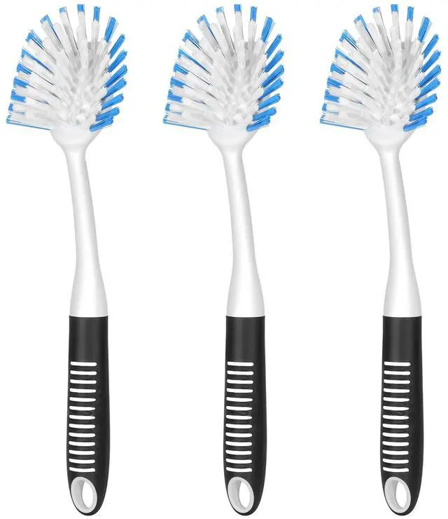 Main image of SetSail Dish Brush with Handle, 3 Pack Stiff Bristles Dish Scrubber with Built-in Scraper Dish Scrub Brushes for Cleaning Dishes, Pots and Pans, Kitchen Sink, 3 Pack, Black Blue