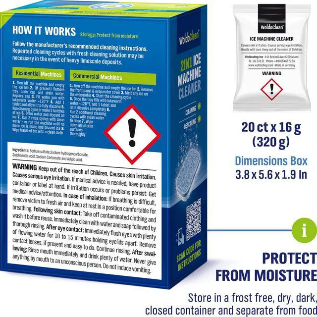 Alt view image 7 of 7 - WoldoClean Ice Machine Cleaner Tablets 20 Count - 2in1 Descaler, Extra Strength 16g Dual Action for Countertop, Nugget, Portable, Commercial Ice Makers, Nickel Safe