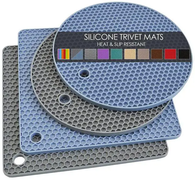 Main image of Trivets for Hot Dishes, 4 Pack Silicone Hot Pads for Kitchen, Non-Slip Heat Resistant Silicone Mat for Countertops, Spoon Rest, Multipurpose Food Grade Thick Trivet(Gray& Blue) Pot Holders