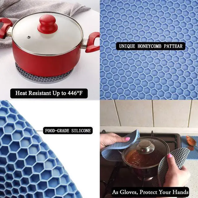 Alt view image 4 of 7 - Trivets for Hot Dishes, 4 Pack Silicone Hot Pads for Kitchen, Non-Slip Heat Resistant Silicone Mat for Countertops, Spoon Rest, Multipurpose Food Grade Thick Trivet(Gray& Blue) Pot Holders
