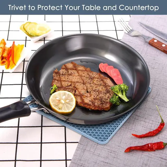 Alt view image 2 of 7 - Trivets for Hot Dishes, 4 Pack Silicone Hot Pads for Kitchen, Non-Slip Heat Resistant Silicone Mat for Countertops, Spoon Rest, Multipurpose Food Grade Thick Trivet(Gray& Blue) Pot Holders