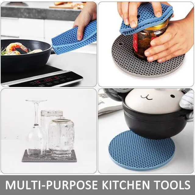 Alt view image 3 of 7 - Trivets for Hot Dishes, 4 Pack Silicone Hot Pads for Kitchen, Non-Slip Heat Resistant Silicone Mat for Countertops, Spoon Rest, Multipurpose Food Grade Thick Trivet(Gray& Blue) Pot Holders