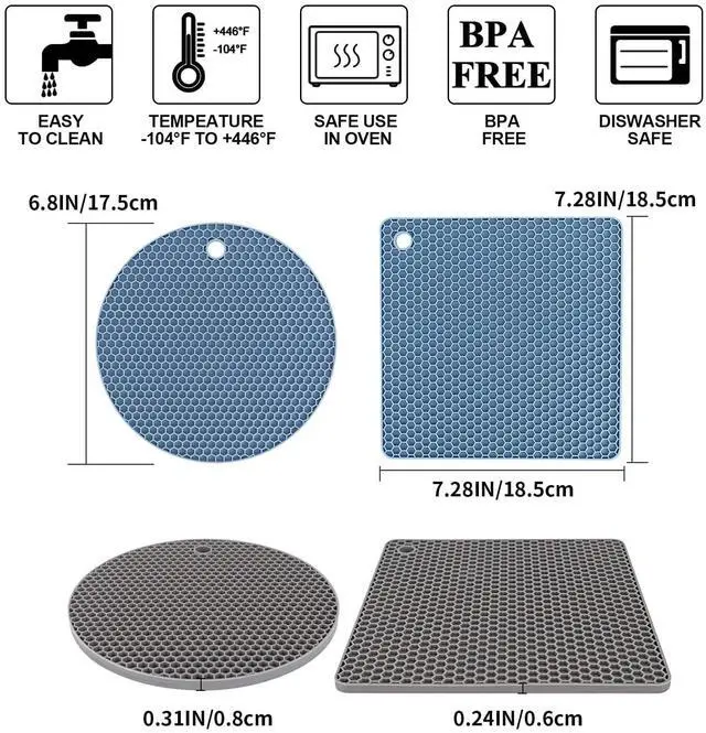 Alt view image 6 of 7 - Trivets for Hot Dishes, 4 Pack Silicone Hot Pads for Kitchen, Non-Slip Heat Resistant Silicone Mat for Countertops, Spoon Rest, Multipurpose Food Grade Thick Trivet(Gray& Blue) Pot Holders