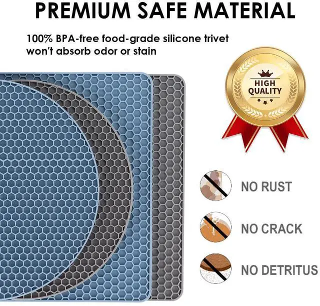 Alt view image 7 of 7 - Trivets for Hot Dishes, 4 Pack Silicone Hot Pads for Kitchen, Non-Slip Heat Resistant Silicone Mat for Countertops, Spoon Rest, Multipurpose Food Grade Thick Trivet(Gray& Blue) Pot Holders