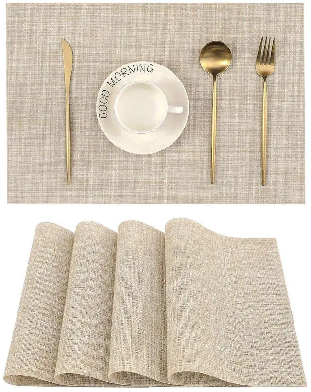 Main image of Leetaltree Beige Placemats Set of 4 - Heat-Resistant, Non-Slip Table Mats, Washable Woven Vinyl for Indoor & Outdoor Dining