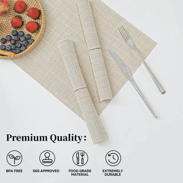 Alt view image 2 of 7 - Leetaltree Beige Placemats Set of 4 - Heat-Resistant, Non-Slip Table Mats, Washable Woven Vinyl for Indoor & Outdoor Dining
