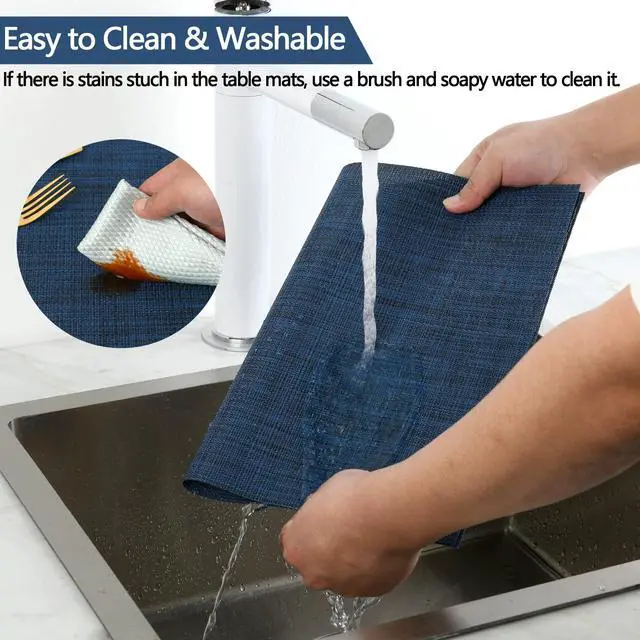 Alt view image 2 of 7 - Navy Blue Placemats Set of 4 - Easy Clean Washable Vinyl Placemats - Wipeable Heat Resistant Table Mats for Dining Table - 17x12 Inch (Navy Blue, 4)