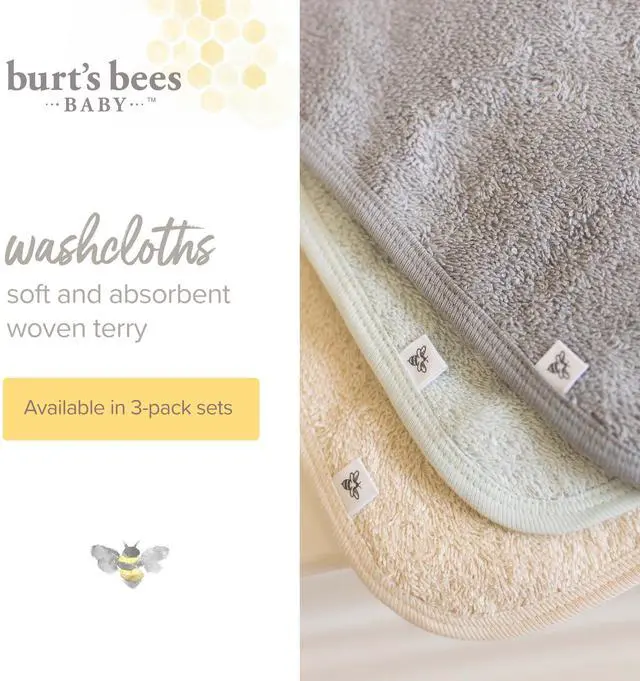 Alt view image 2 of 7 - Burt's Bees Baby Washcloths for Infants, 100% Organic Cotton, Soft and Absorbent Knit Terry Face Towel, 9 x 9 in, 3-Pack