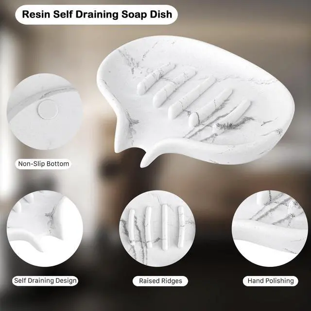 Alt view image 7 of 7 - AUGFRYZIAN Self Draining Soap Dish for Shower and Bathroom Sink - Large Marble Resin Soap Holder with Drain, Non Slip Soap Tray for Bar Soap, Kitchen & Bathroom Counter